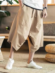 Men's beige cotton-linen wide-leg baggy capri shorts with drawstring by Simples Market