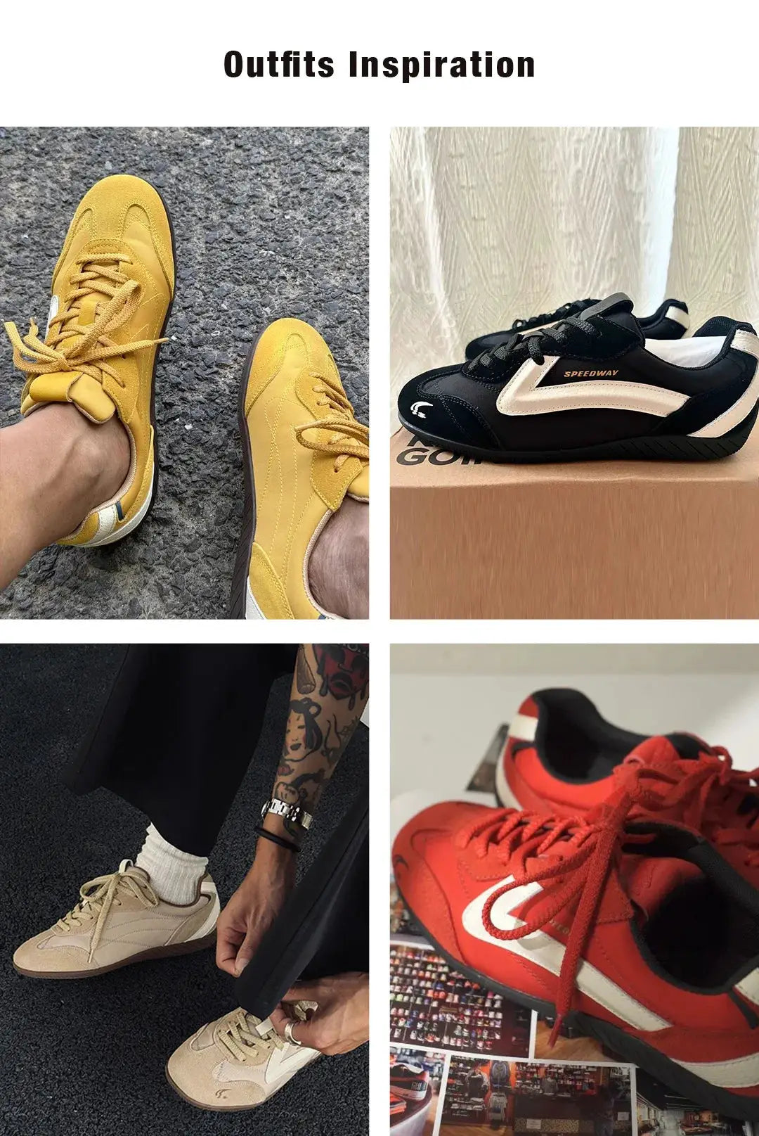 Maden racing sneakers collage; 4-pair: yellow patchwork lace-ups, black/white Speedway, beige trainers, red sneakers.