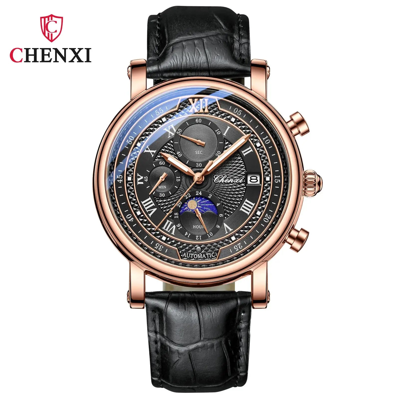 Chenxi 976 leather chronograph men's watch with moon phase, rose gold case, black dial, leather strap