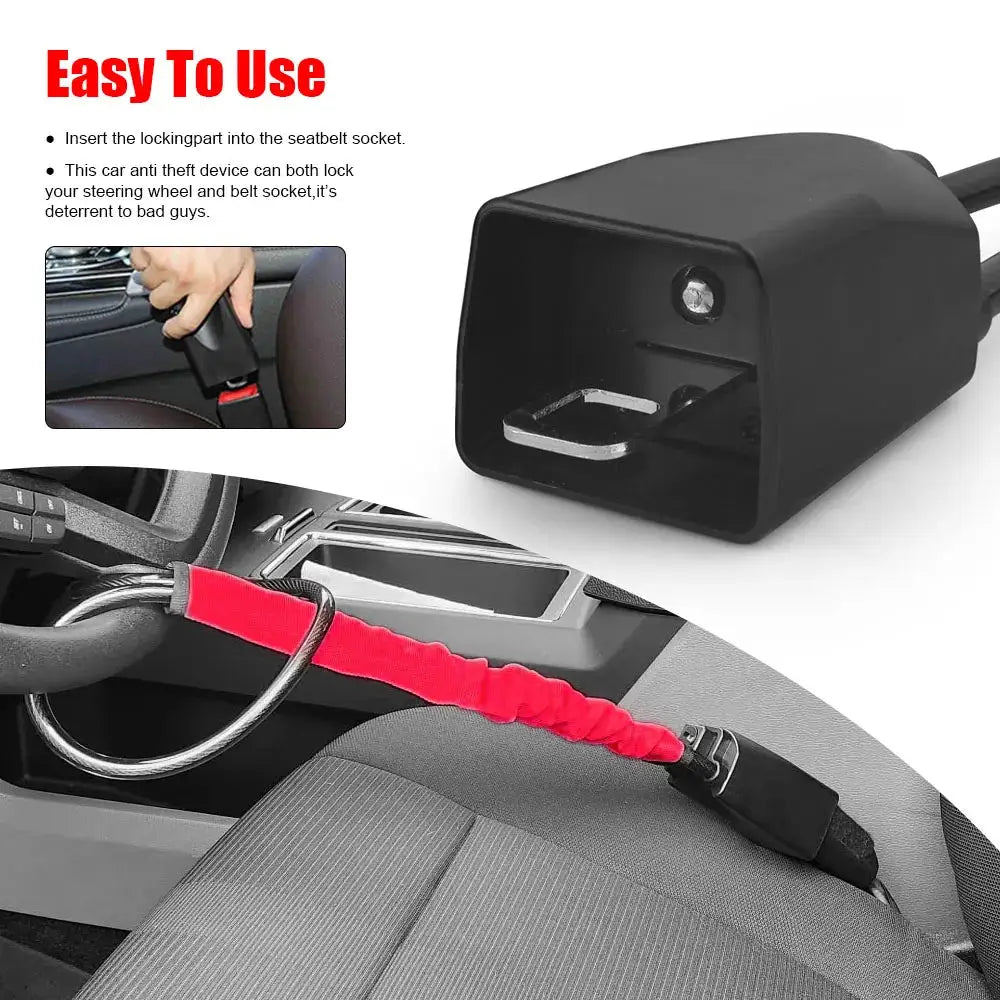 Steering wheel lock with seat belt socket, black steel lock and red strap, includes 3 keys