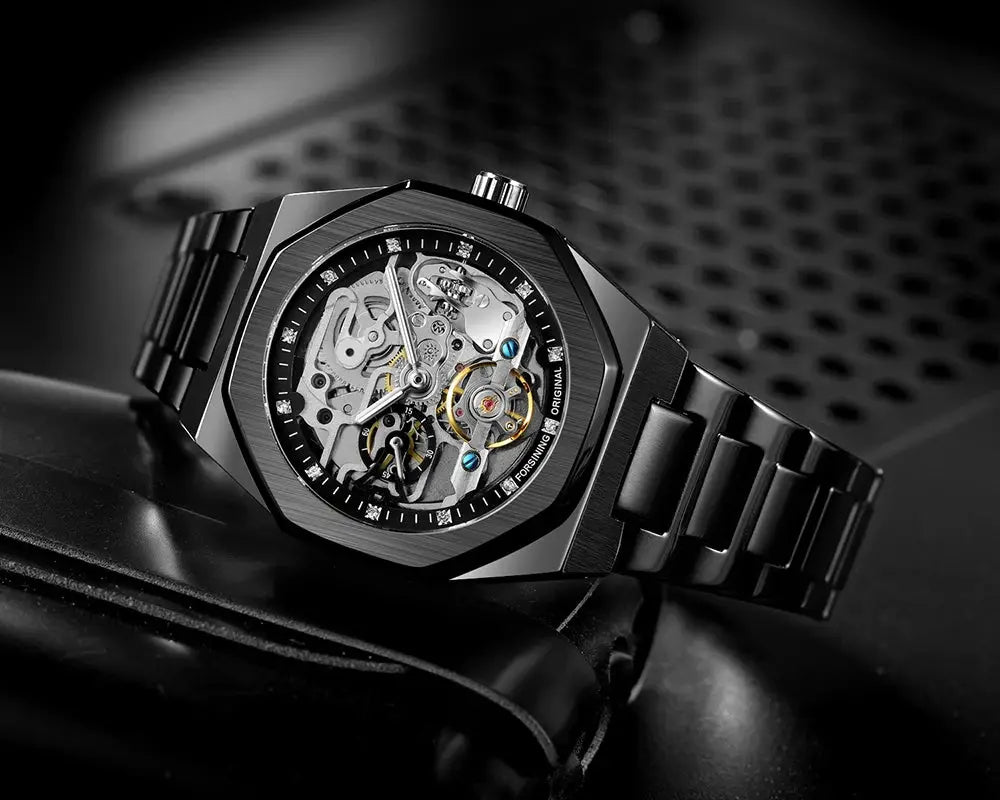 Forsining casual automatic skeleton watch for men with luminous hands and stainless steel strap