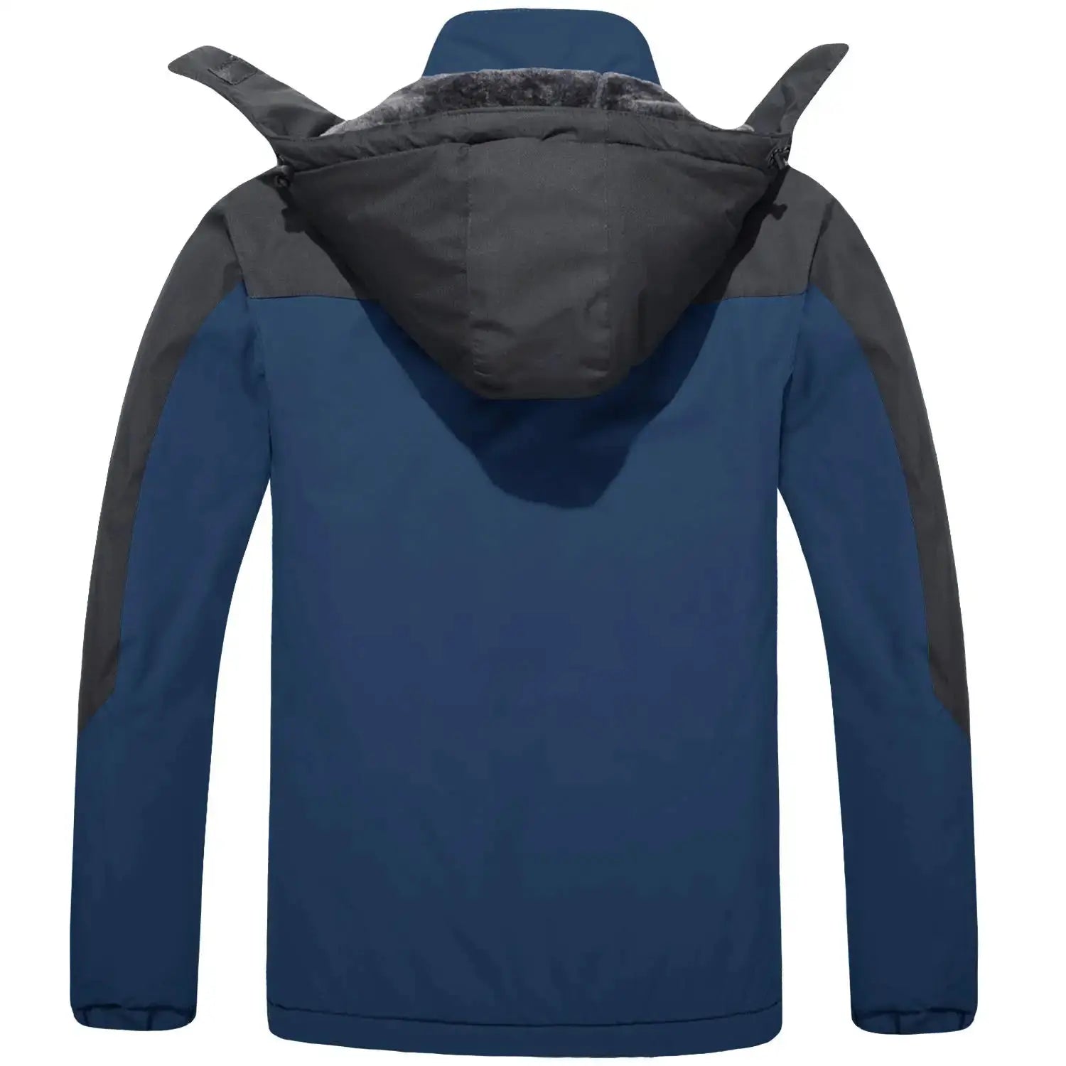 KEFITEVD men's winter ski jacket in blue with gray sleeves and hood, waterproof parka