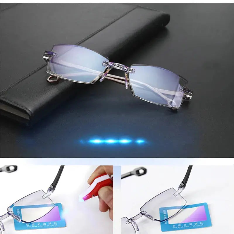 OptiVision Rimless Reading Glasses Two Pairs For Men And Women Anti Blue Light Bifocal Near To Far Magnification