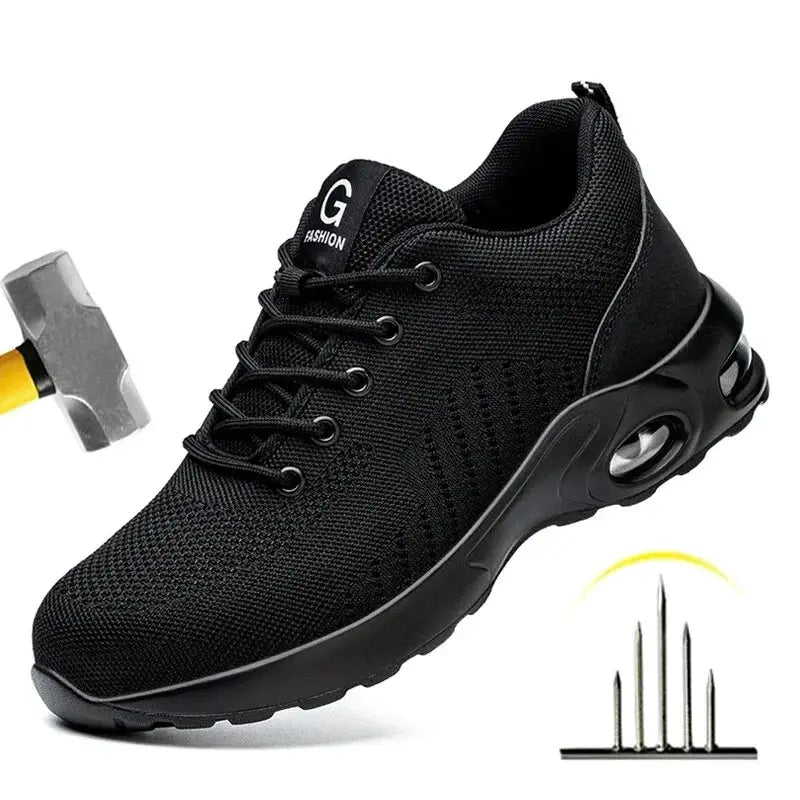 Air cushion work safety shoe, black unisex steel-toe sneaker, G Fashion label