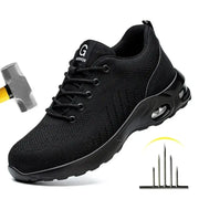 Air cushion work safety shoe, black breathable mesh upper with steel toe and anti-puncture protection.