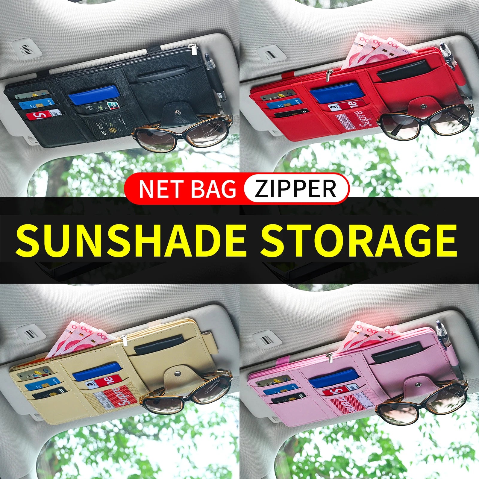 JFBONIN car sun visor organizer with sunglasses clip; multi-color set (black, red, beige, pink)