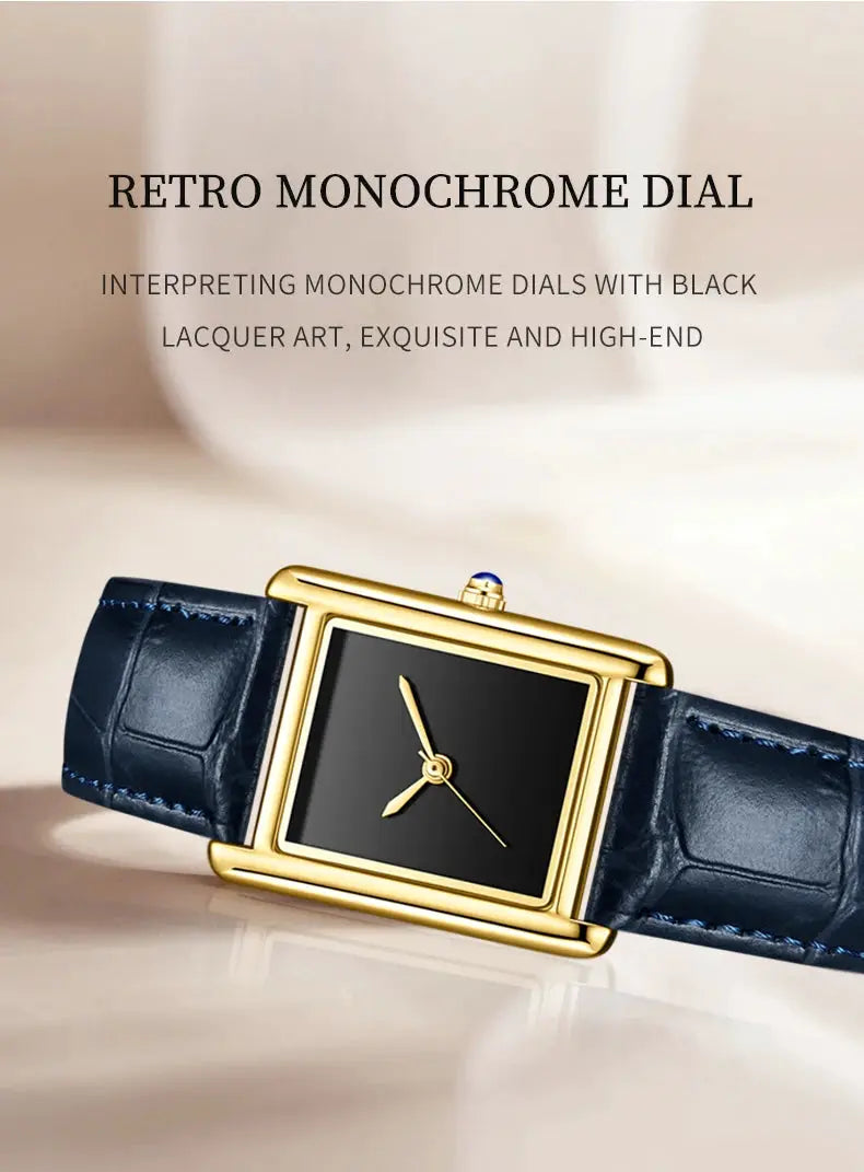 Simples Market retro monochrome dial wristwatch with blue leather strap, gold-tone case, waterproof quartz