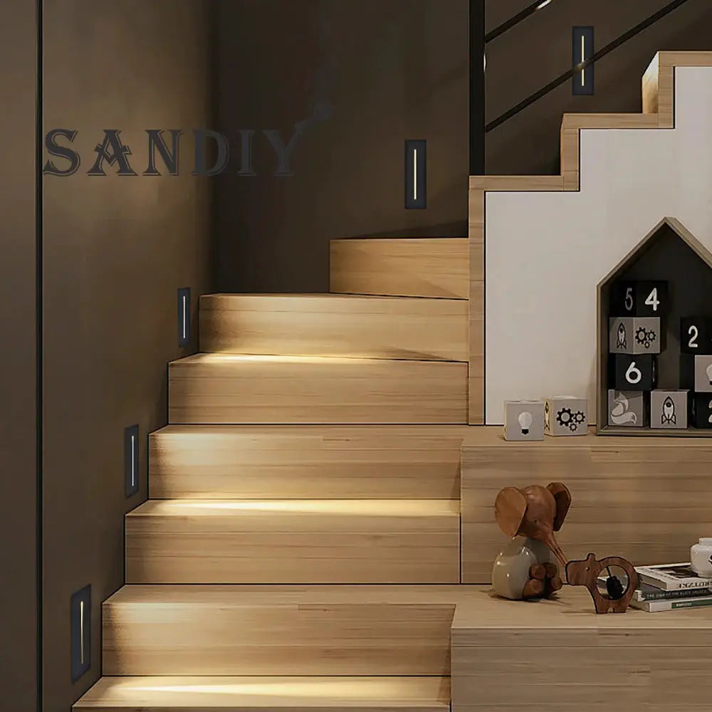 SANDIY 3W LED wall light recessed stair lamp set by Simples Market; warm white LEDs along dark wall and wooden stairs