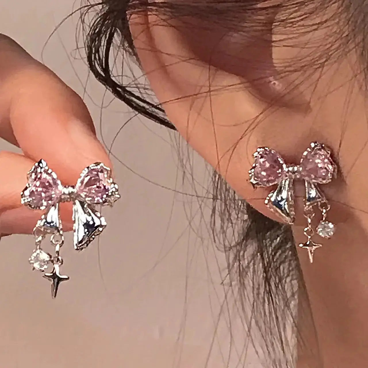 Y2K Bowknot Zircon Stud Earrings For Women Pink Crystal Silver Tone Korean Fashion Party Jewelry Gifts