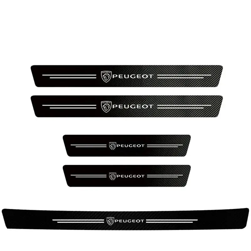 Peugeot door sill protector set, carbon-fiber black with Peugeot logo, five pieces
