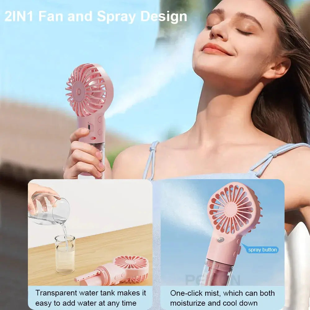 Portable pink handheld spray fan by Simples Market with mist spray, USB rechargeable, 4 speeds.