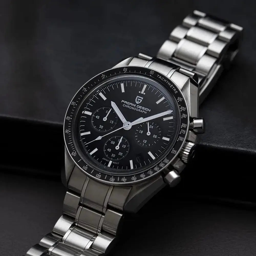 PAGANI DESIGN stainless steel chronograph watch with black dial and tachymeter bezel