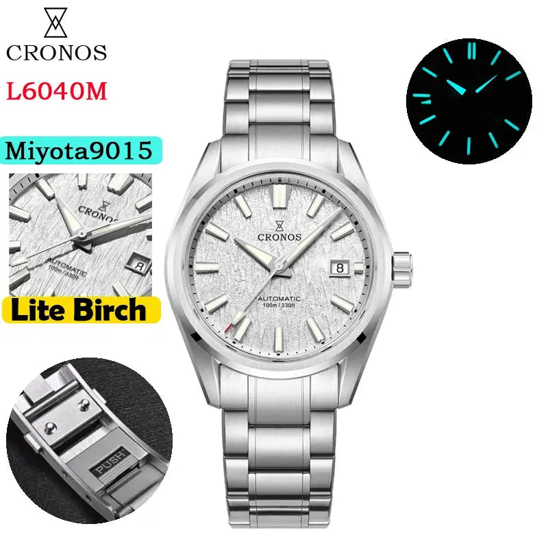 Cronos L6040M men’s watch; stainless steel bracelet, white birch textured dial, automatic Miyota 9015