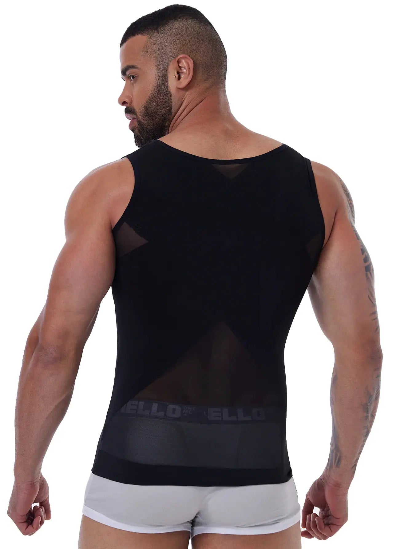 Men's shapewear tank top by Simples Market, black sleeveless undershirt with cross mesh back panels, breathable.