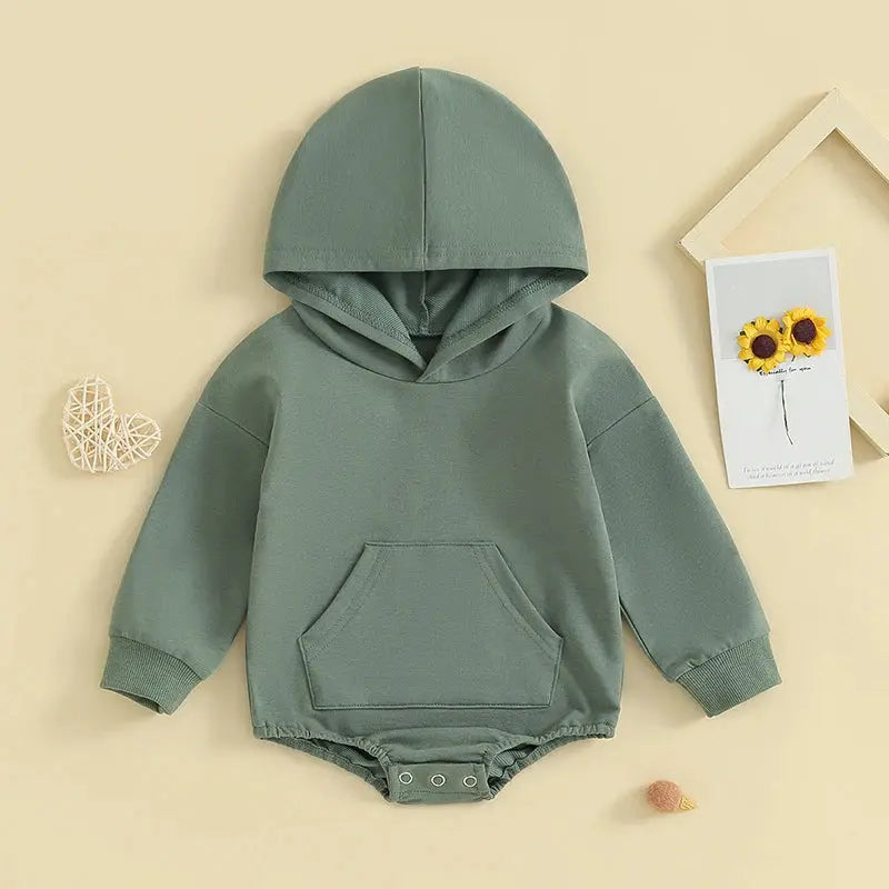 Baby Hooded Romper With Front Pocket Long Sleeve Solid Color Bodysuit For Newborn Boys And Girls Spring Autumn Playsuit