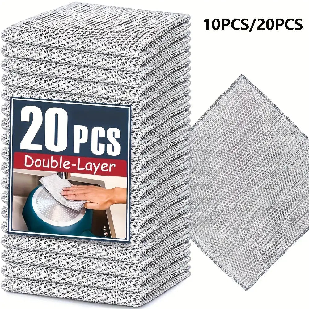 Simples Market 20 pcs silver steel-wire cleaning cloths, non-scratch double-layer iron microfiber mesh dish rags