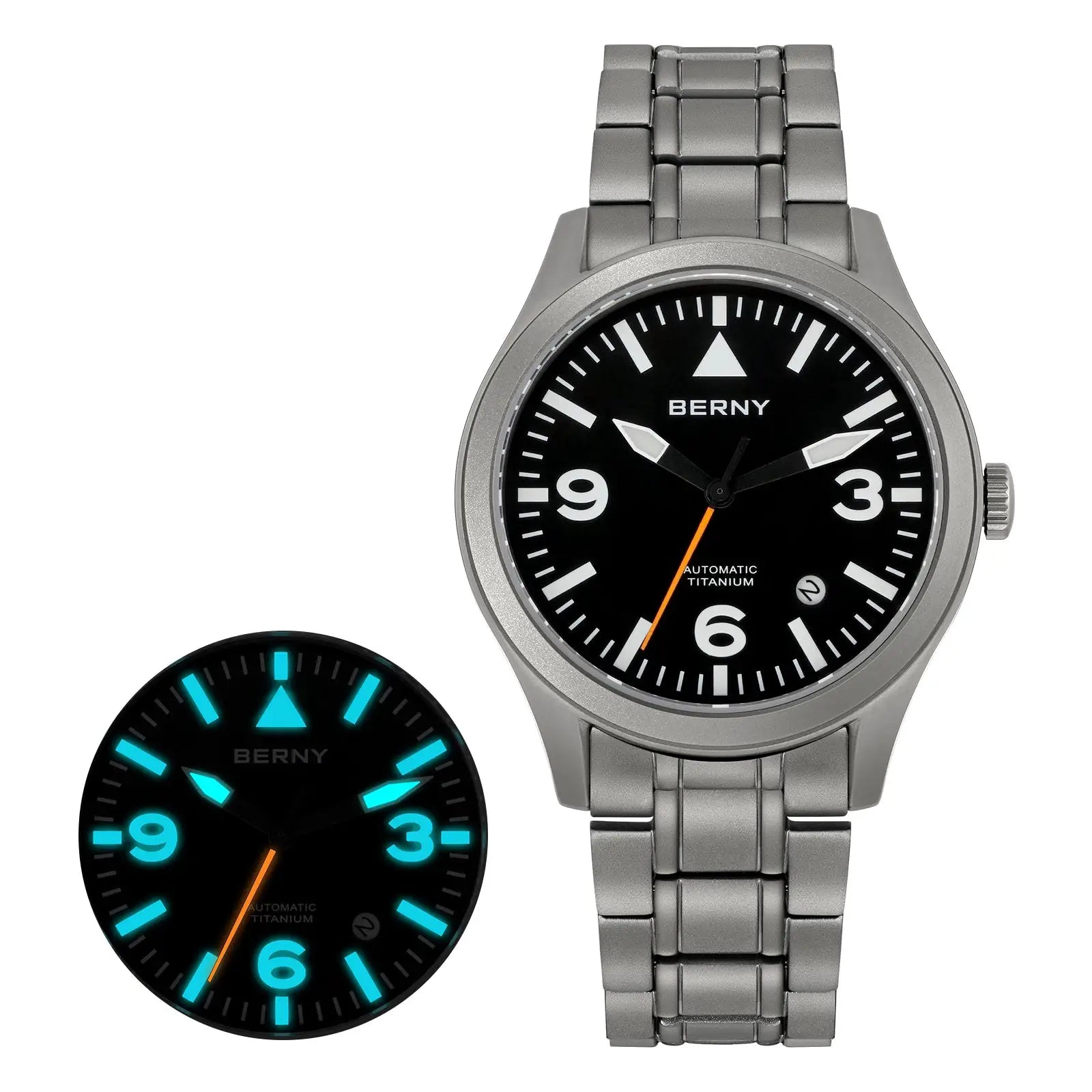 BERNY aviation titanium watch with black dial and metal bracelet; luminous hands; 2 watches shown
