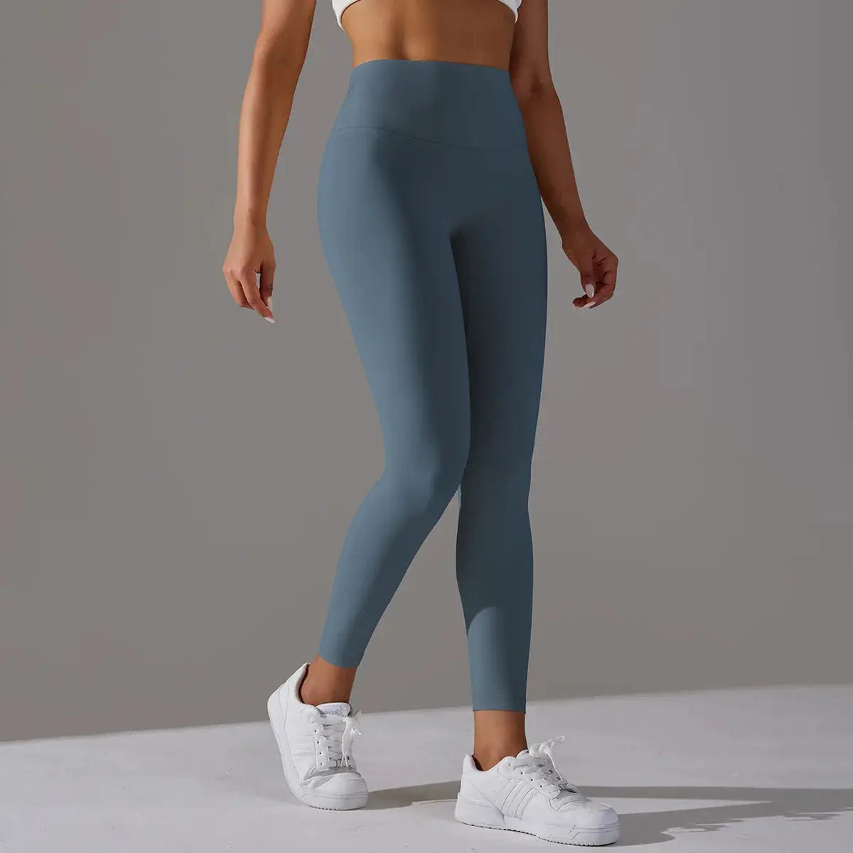 High-waist blue-gray leggings for fitness and yoga; tight, flattering fit