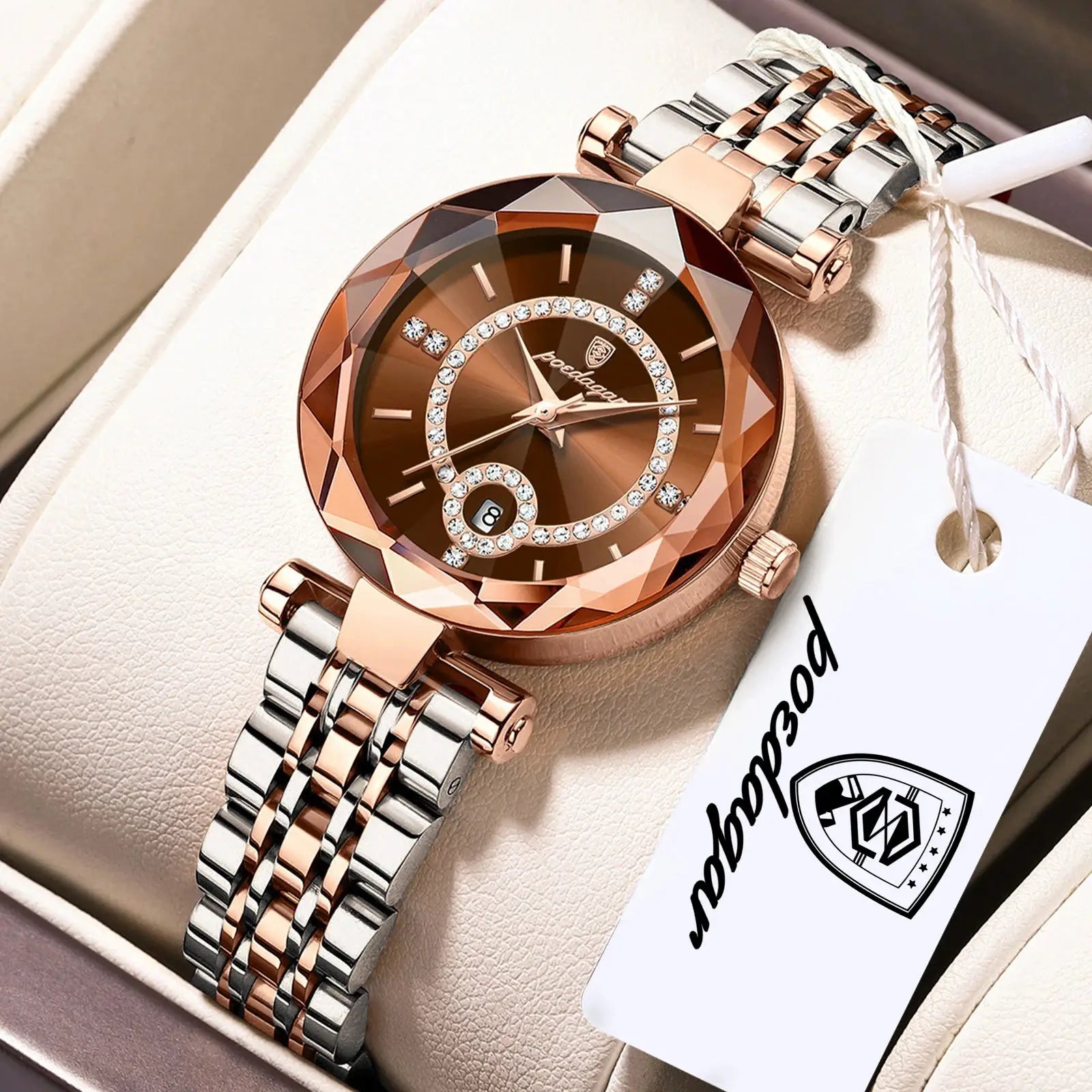 POEDAGAR ladies wristwatch in rose-gold and silver stainless steel with crystal bezel and date window