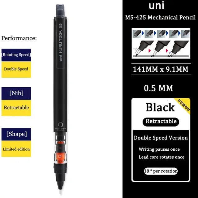 UNI Kurutoga M5-452 black mechanical pencil with 0.5mm lead, retractable and rotating tip