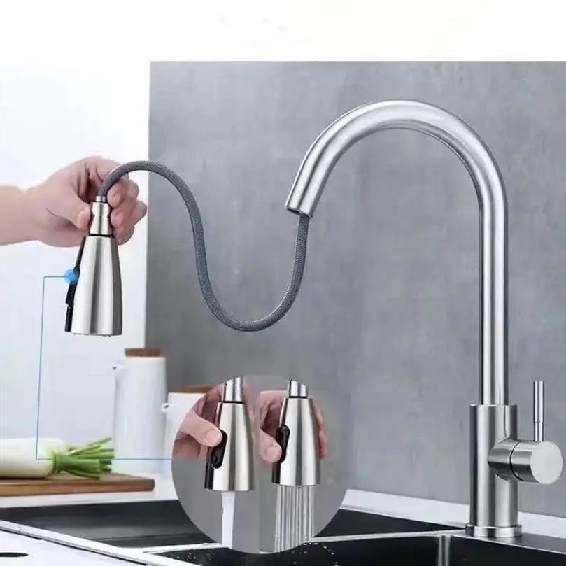 Stainless steel kitchen faucet by Simples Market with pull-out spray hose and high-arc 360° swivel