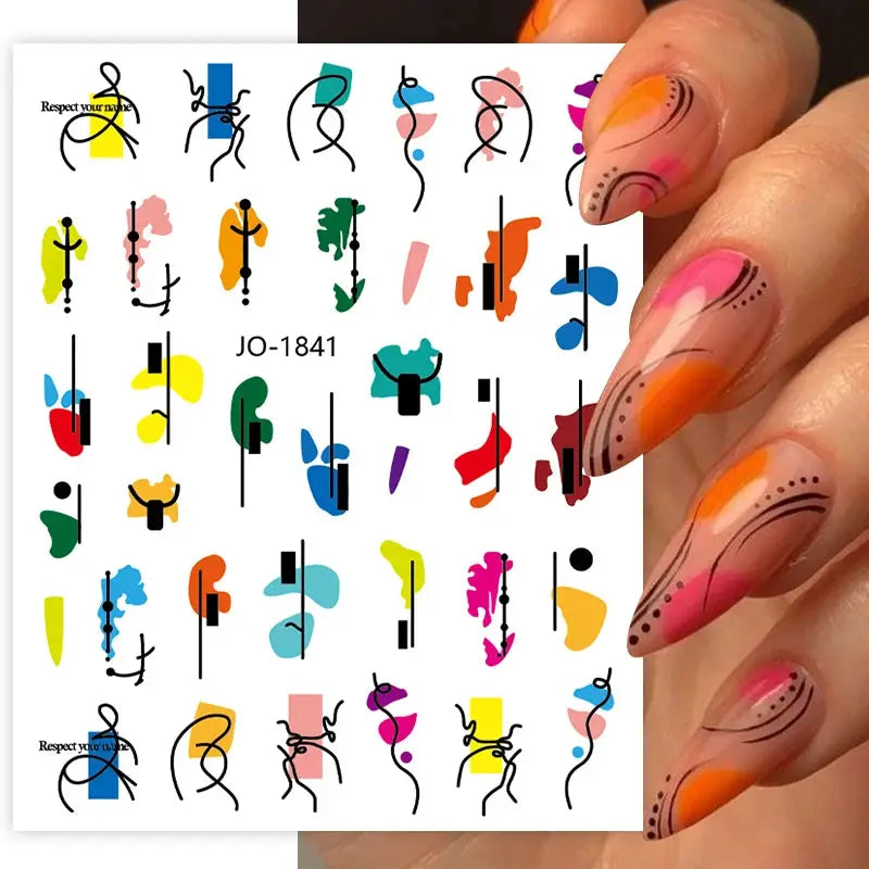 Nail art decals by Simples Market, 1pc colorful bronzing striped 3D decals with geometric lines and flowers