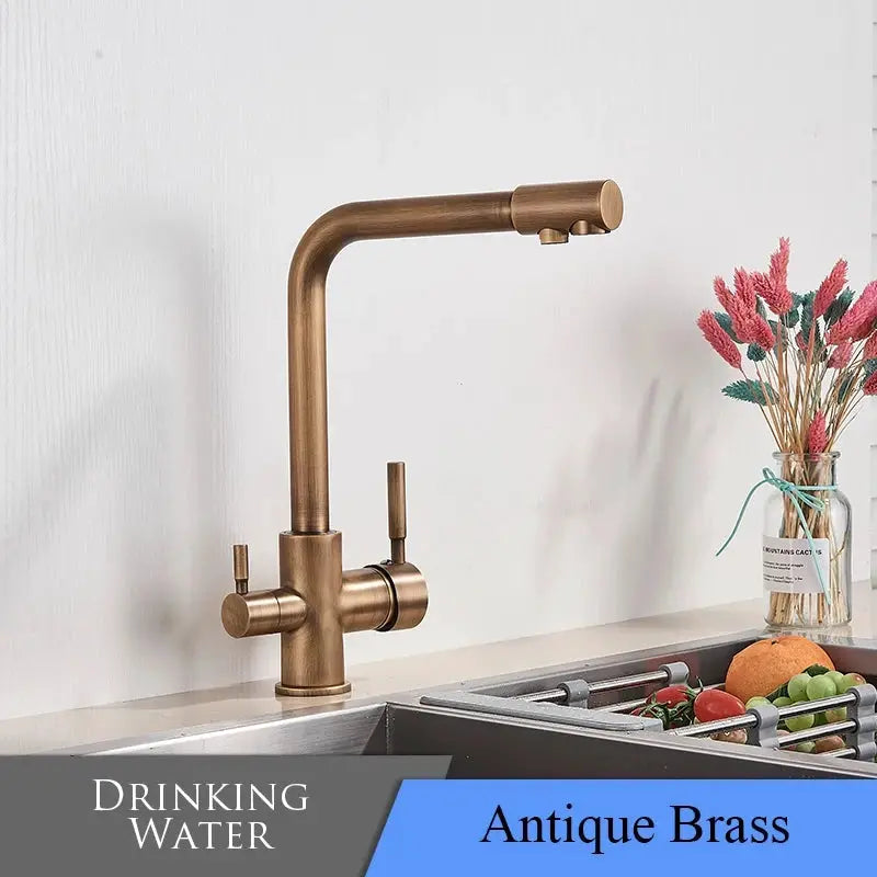 Antique brass kitchen faucet with high-arc curved spout and dual handles for hot and cold water.