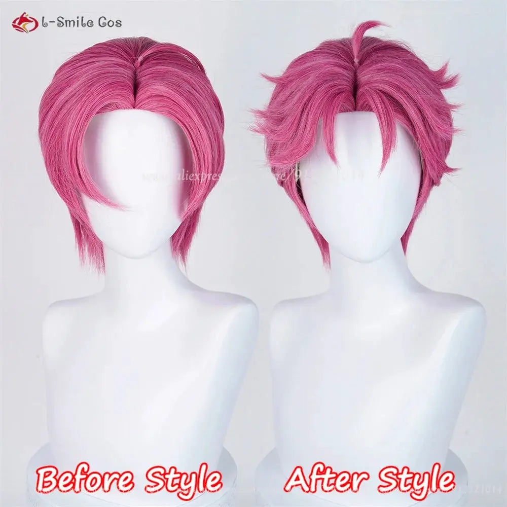 Pink anime cosplay wig by Simples Market, heat-resistant synthetic hair, universal fit, shown before/after styling