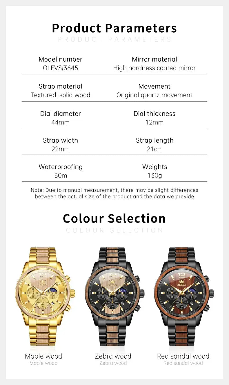 OLEVS men's wooden quartz wristwatches in maple wood, zebra wood, and red sandal wood finishes (three watches)