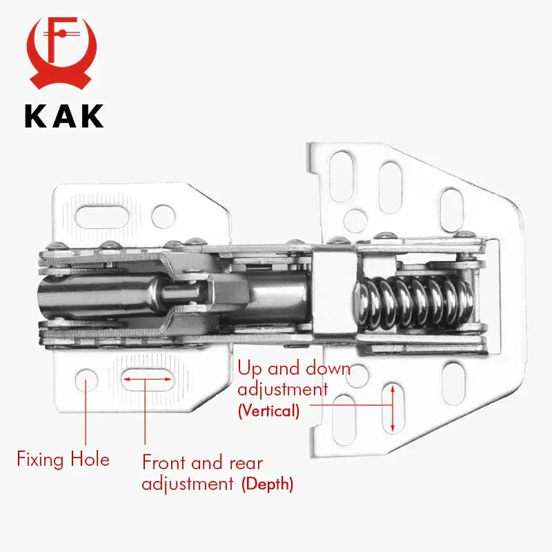 KAK hydraulic cabinet hinge with spring damper, metal hardware for kitchen cabinets, showing adjustment holes