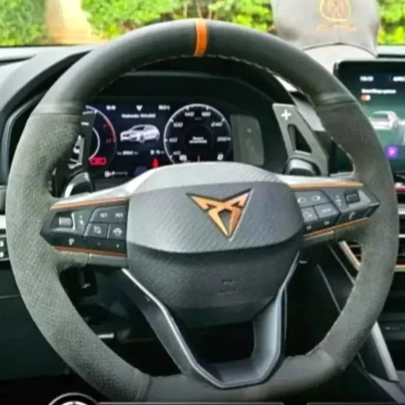 Steering wheel cover braided leather with orange stripe on Cupra wheel Simples Market