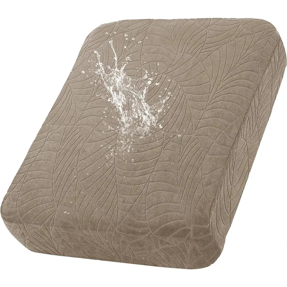 Taupe waterproof stretch sofa cushion cover in jacquard fabric for chaise lounge, removable protector.