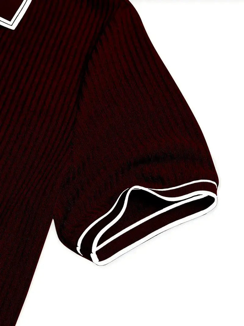 Men's short-sleeve polo shirt in burgundy knit with white piping on collar and cuffs, Simples Market