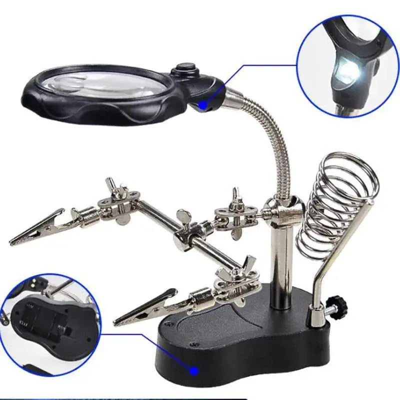 3.5X 12X Helping Hands Third Hand Soldering Iron Welding Stand With 2 LED Clip Magnifiers