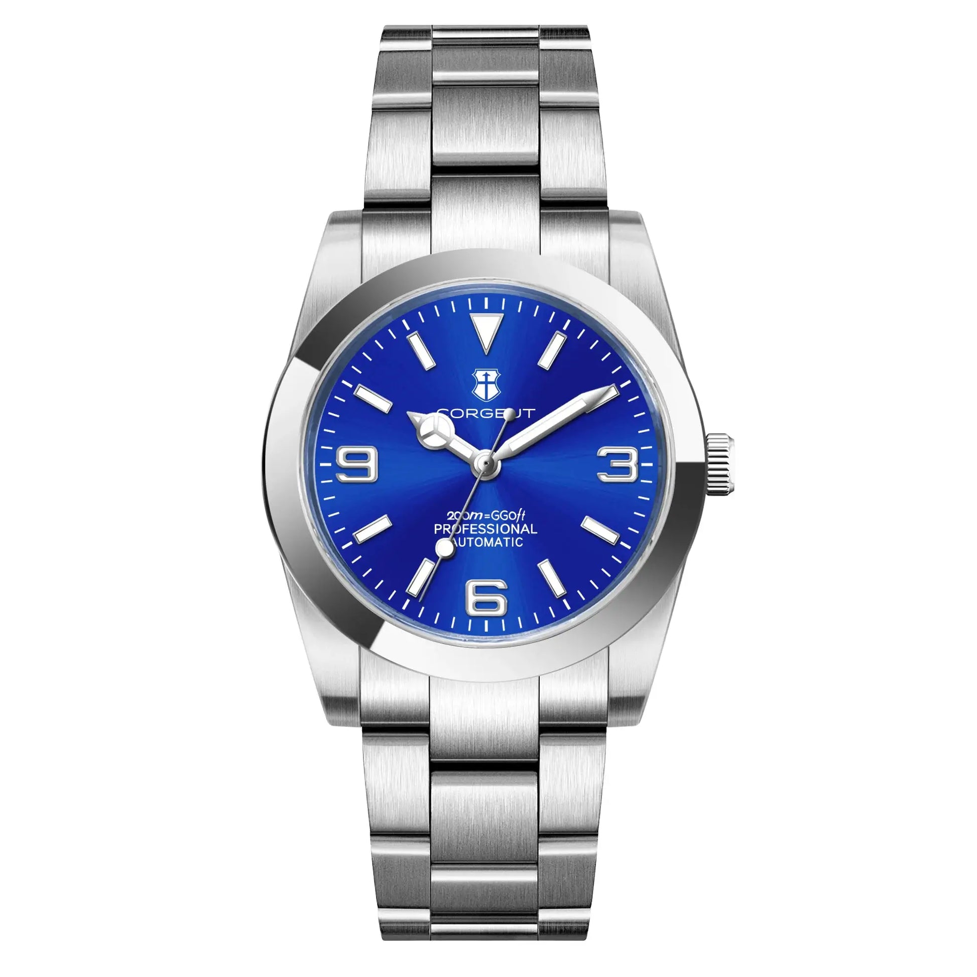 Corgeut men's stainless steel watch with blue dial and sapphire crystal