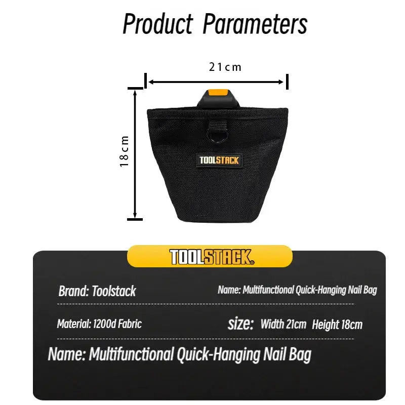 ToolStack black multifunctional quick-hanging nail bag with yellow clip and brand logo