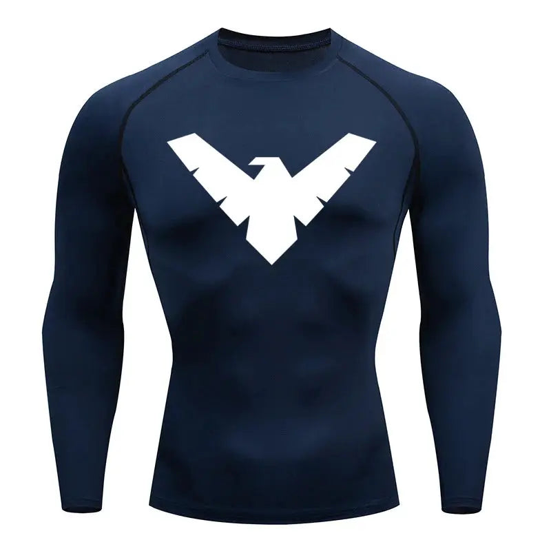 Navy men's long-sleeve quick-dry compression shirt with white logo emblem; athletic top.