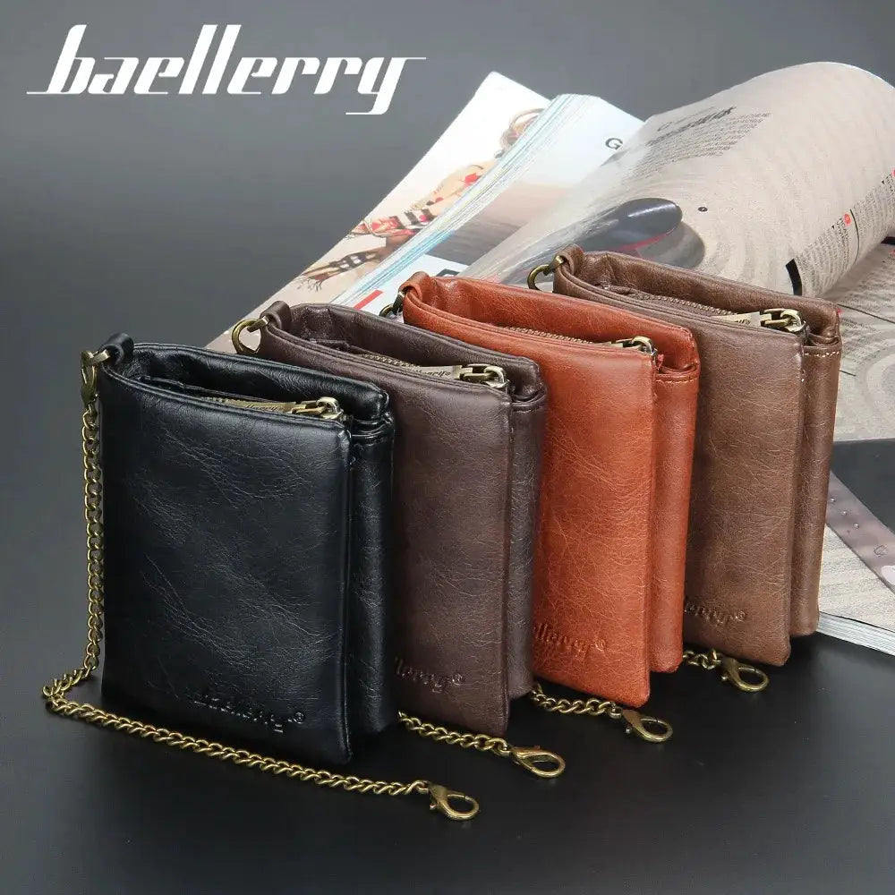 Baellerry men's short PU leather wallet with RFID blocking, front-pocket design; five-color set with brass chain