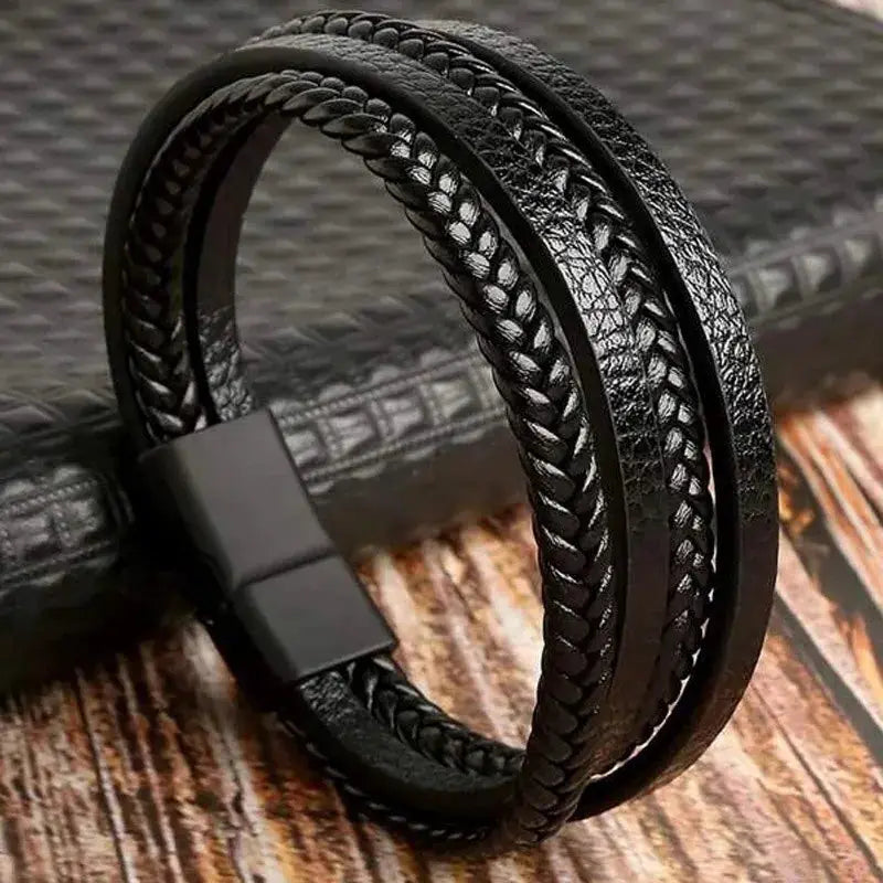 Men's leather bracelets with multilayer braided black cords and stainless steel clasp