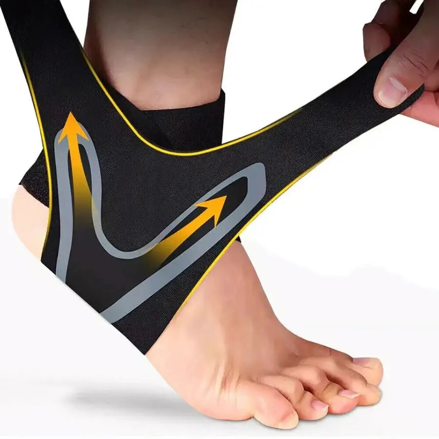 Ankle brace support compression sleeve, one-piece, black with yellow trim, breathable, Simples Market.