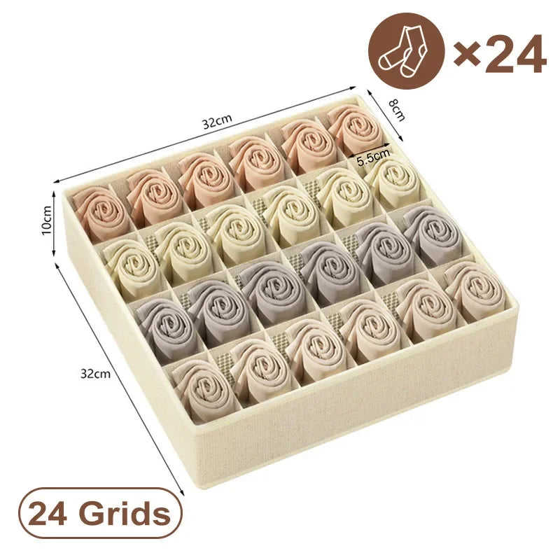 Simples Market 24-grid underwear organizer storage box in beige fabric with rolled socks in each compartment.