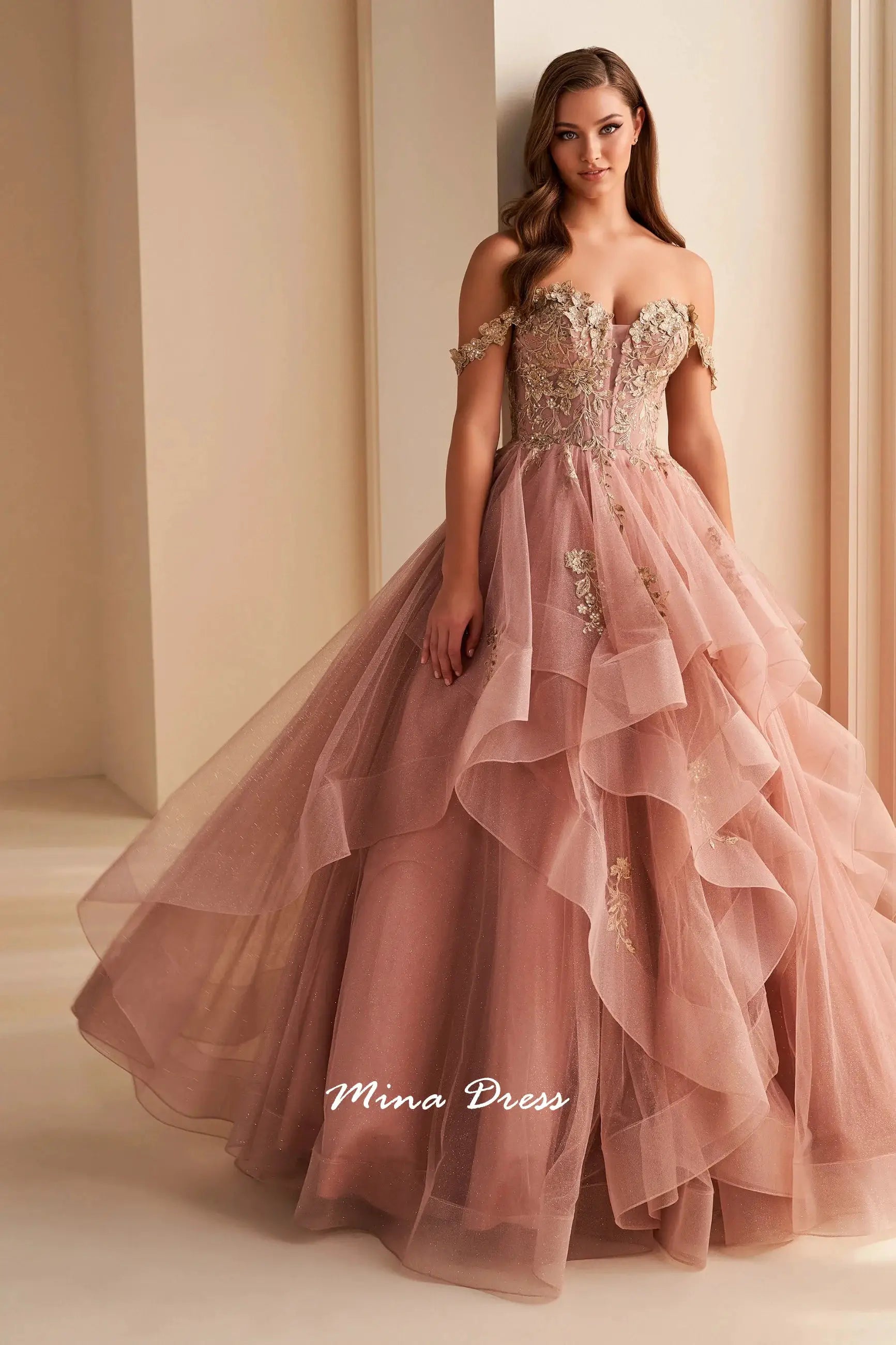 Mina Removable Shoulder Strap Evening Gown Backless Lace Applique Prom