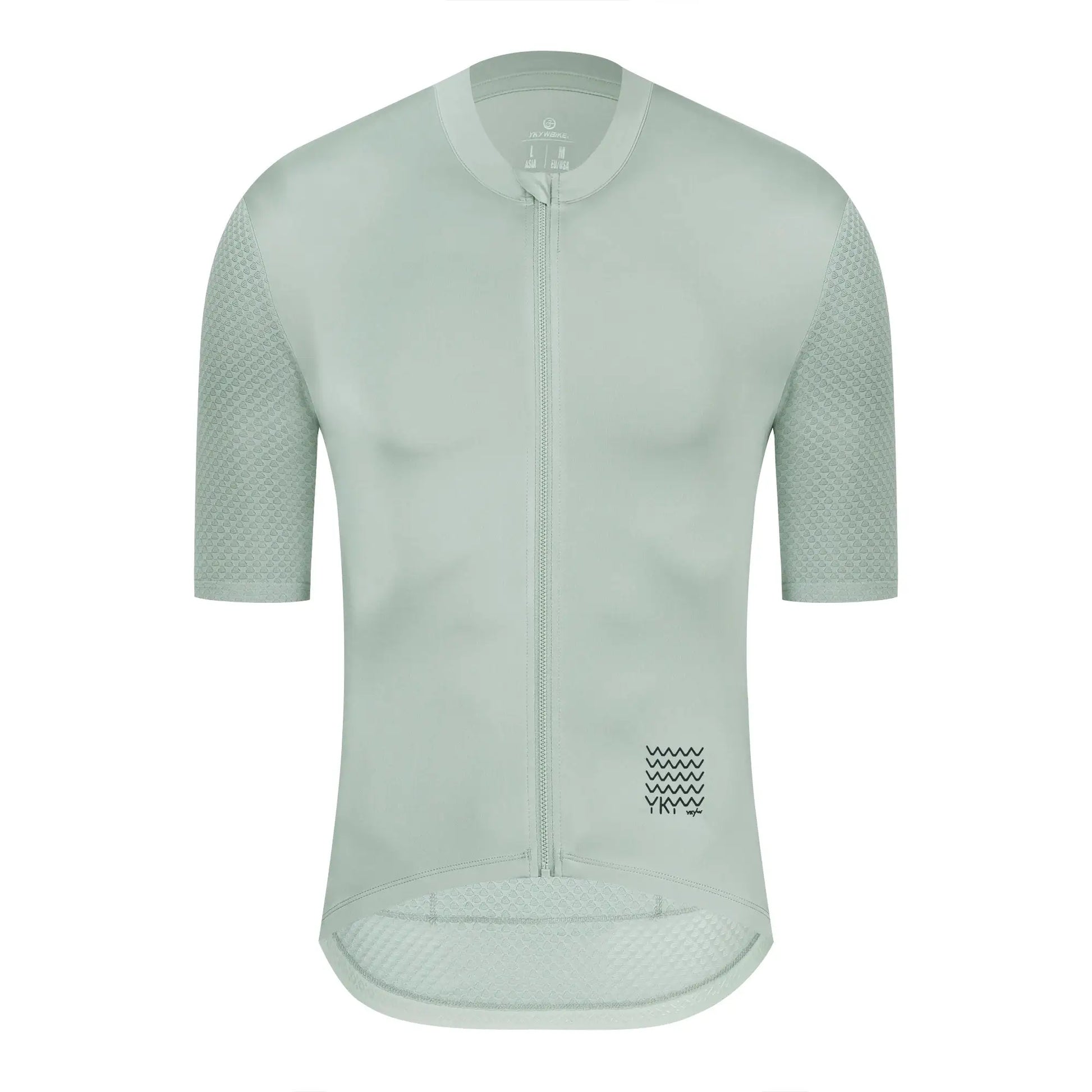 YKYWBIKE men's cycling jersey, light sage green, short sleeves with breathable mesh and zip front.