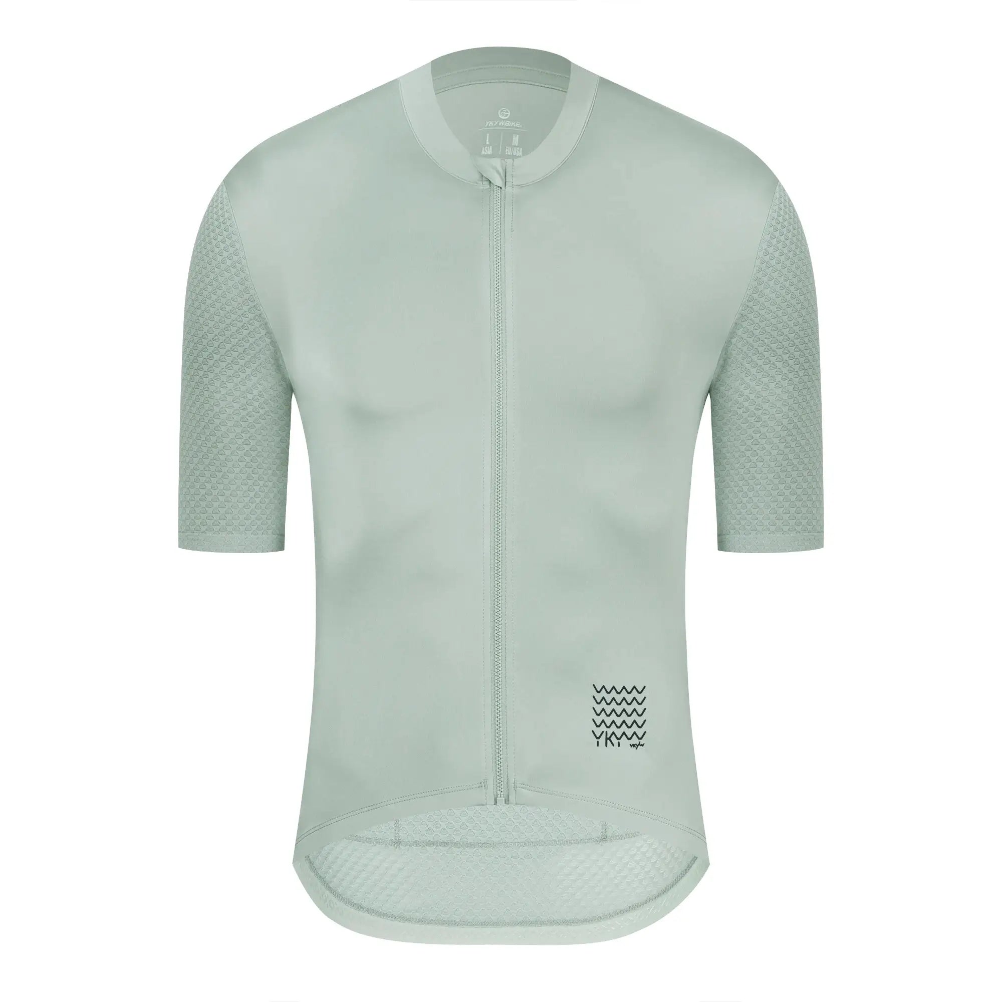 YKYWBIKE men's cycling jersey, light sage green, short sleeves with breathable mesh and zip front.