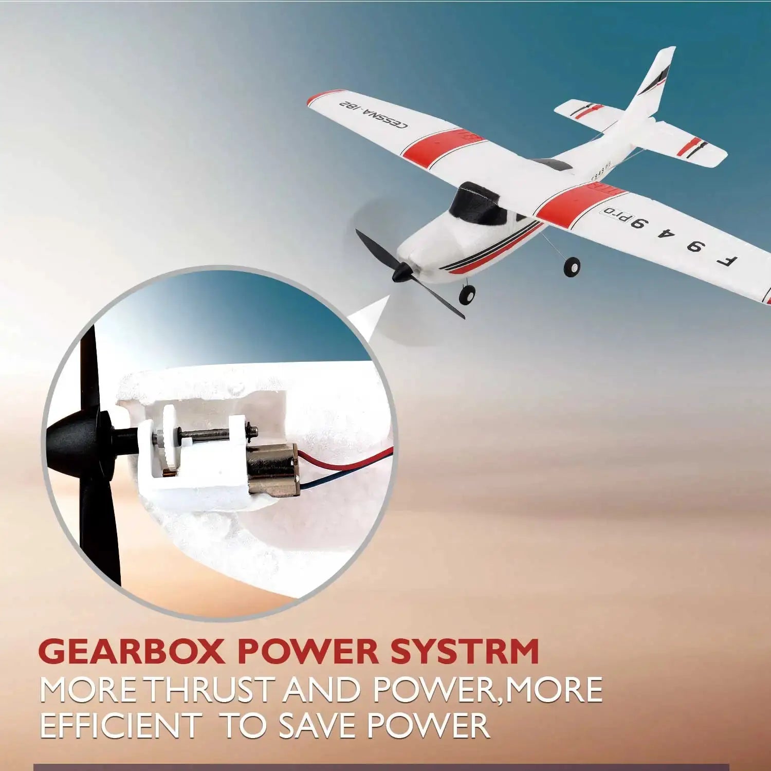 WLtoys F949 LCD RC airplane, white with red accents, fixed-wing Cessna 182 with gearbox power system inset