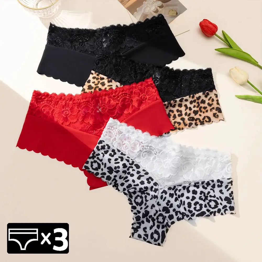 Three-piece women's lace panties set in black, red, and leopard-print options