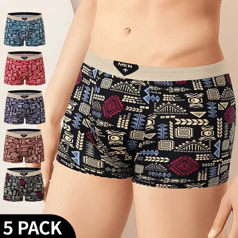 Men's printed boxer trunks 5-pack by Simples Market; black base with geometric tribal pattern and grey waistband.