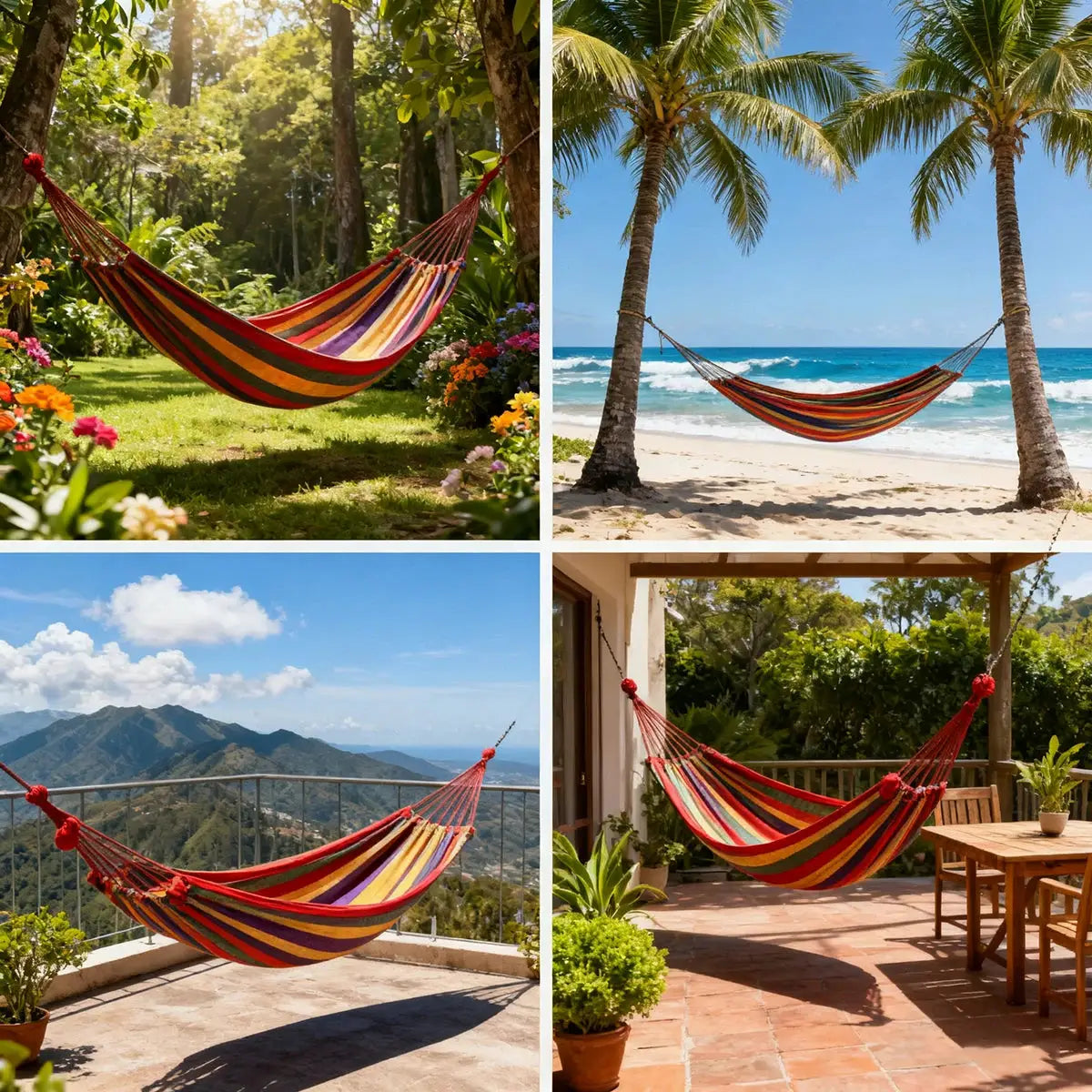 Double hammock for two, red-blue striped canvas cotton with tree straps, shown in garden, balcony, beach and patio, outdoor and indoor.