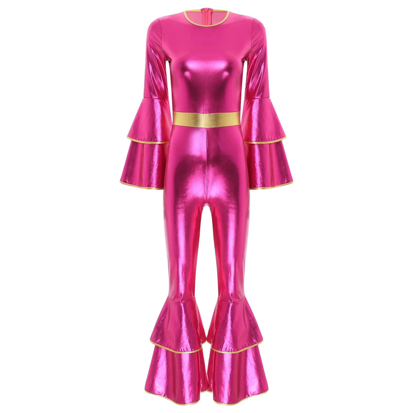 Womens 70s disco jumpsuit in metallic pink with gold belt and flared bell sleeves