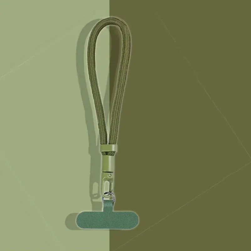 Mobile phone adjustable short lanyard wrist strap in olive green with metal clip and loop, anti-lost